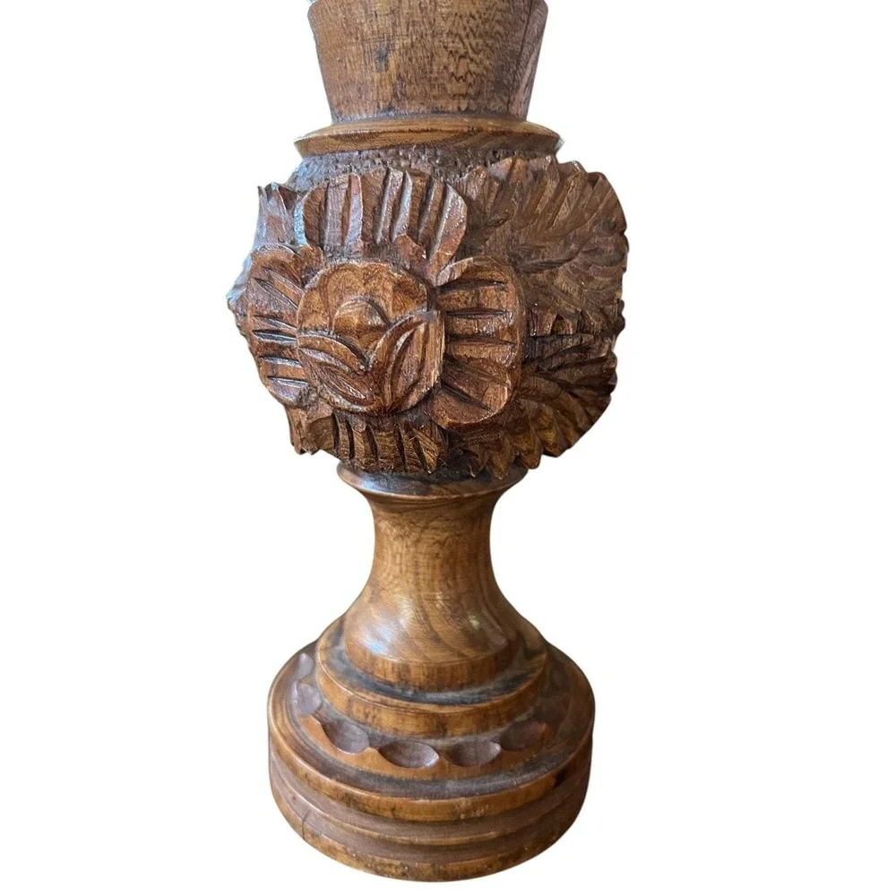 Hand Carved Floral Wooden Vase Rustic Artisan Decorative Wood Sculpture Vessel‎